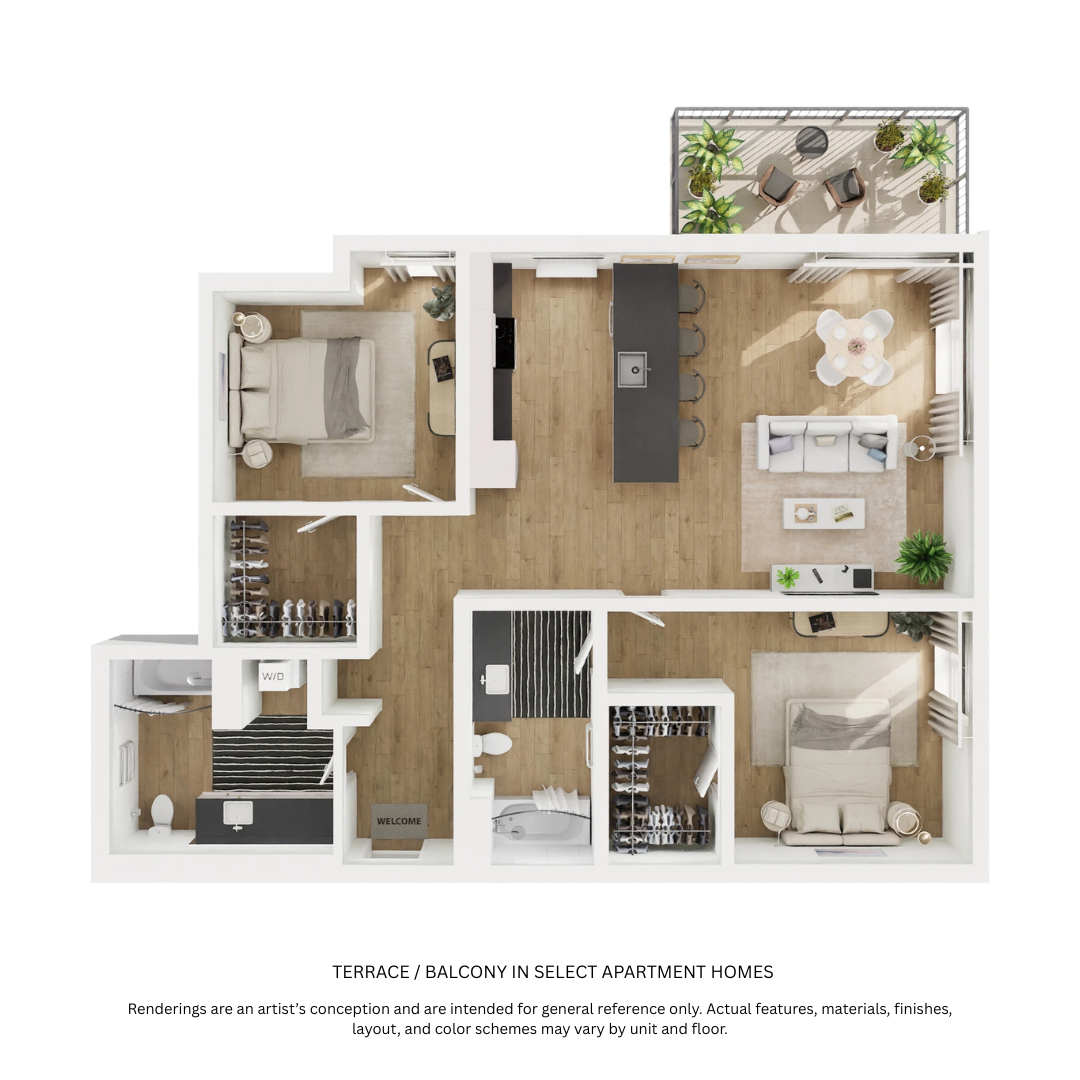 Floor plan for 2 beds, 2 baths, 999 sqft